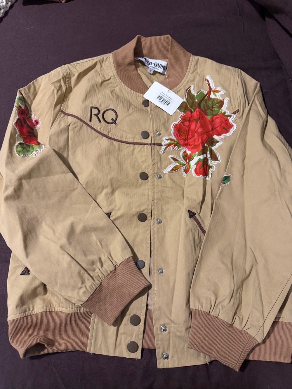 Beige Varsity Jacket with Red Rose Embroidery by RQ-Quinn